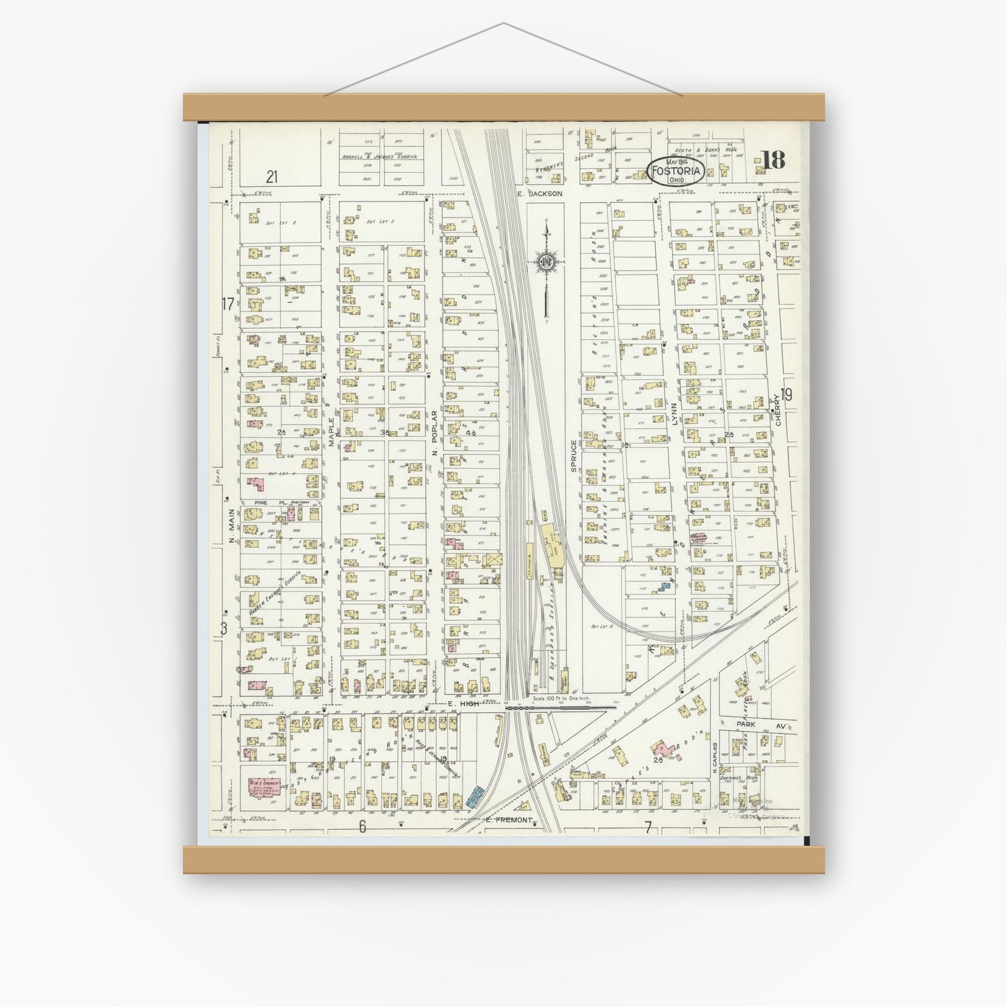 Old map wall art mockup — magnetic wood frame on white wall — Sanborn Fire Insurance Map from Fostoria, Seneca, Hancock, And Wood Counties, Ohio (1914), Sheet #0018