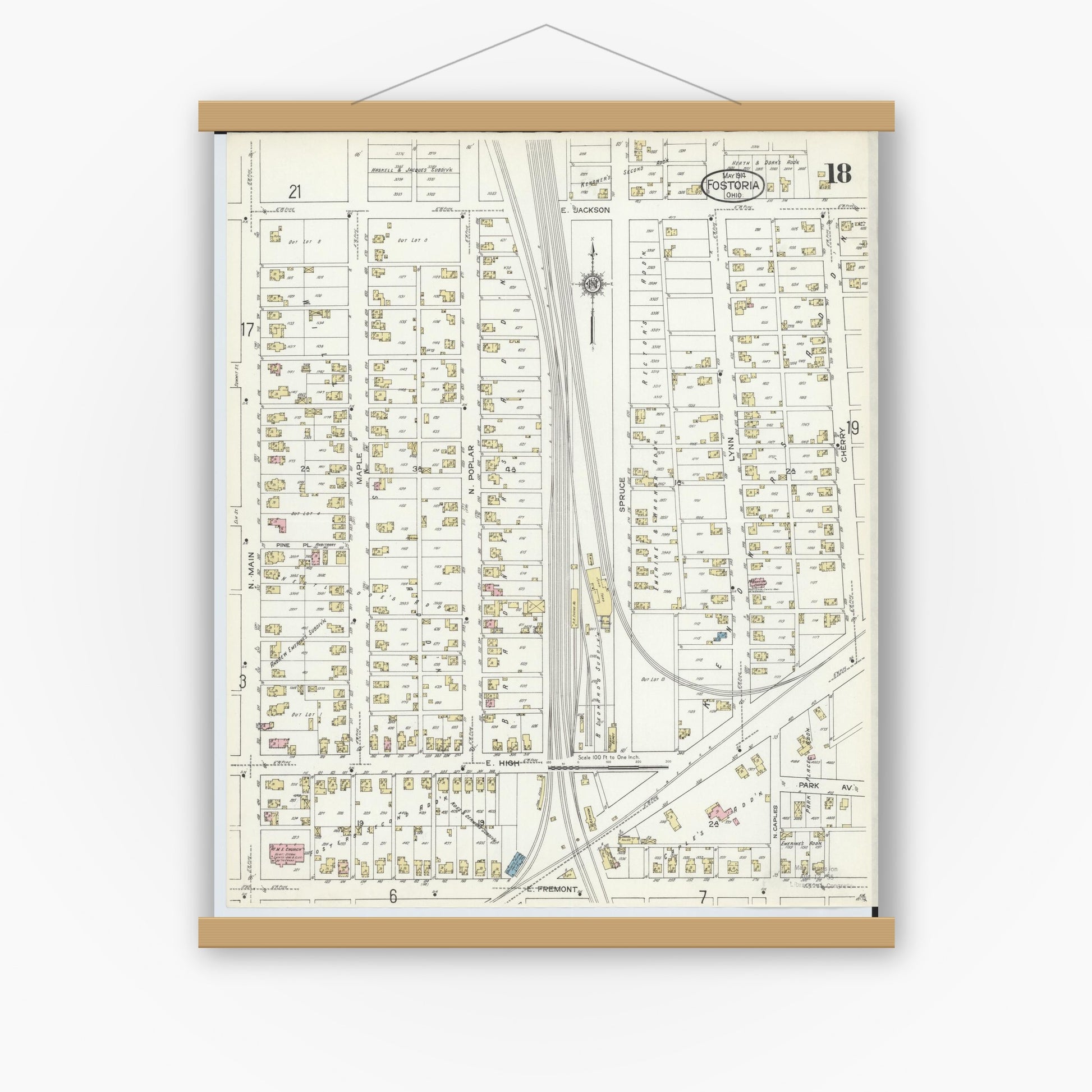 Old map wall art mockup — magnetic wood frame on white wall — Sanborn Fire Insurance Map from Fostoria, Seneca, Hancock, And Wood Counties, Ohio (1914), Sheet #0018