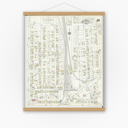 Old map wall art mockup — magnetic wood frame on white wall — Sanborn Fire Insurance Map from Fostoria, Seneca, Hancock, And Wood Counties, Ohio (1914), Sheet #0018