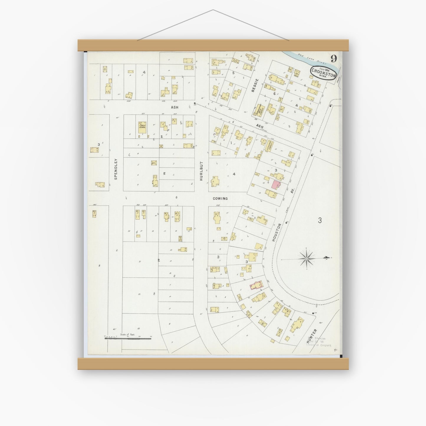 Old map wall art mockup — magnetic wood frame on white wall — Sanborn Fire Insurance Map from Crookston, Polk County, Minnesota (1896), Sheet #0009