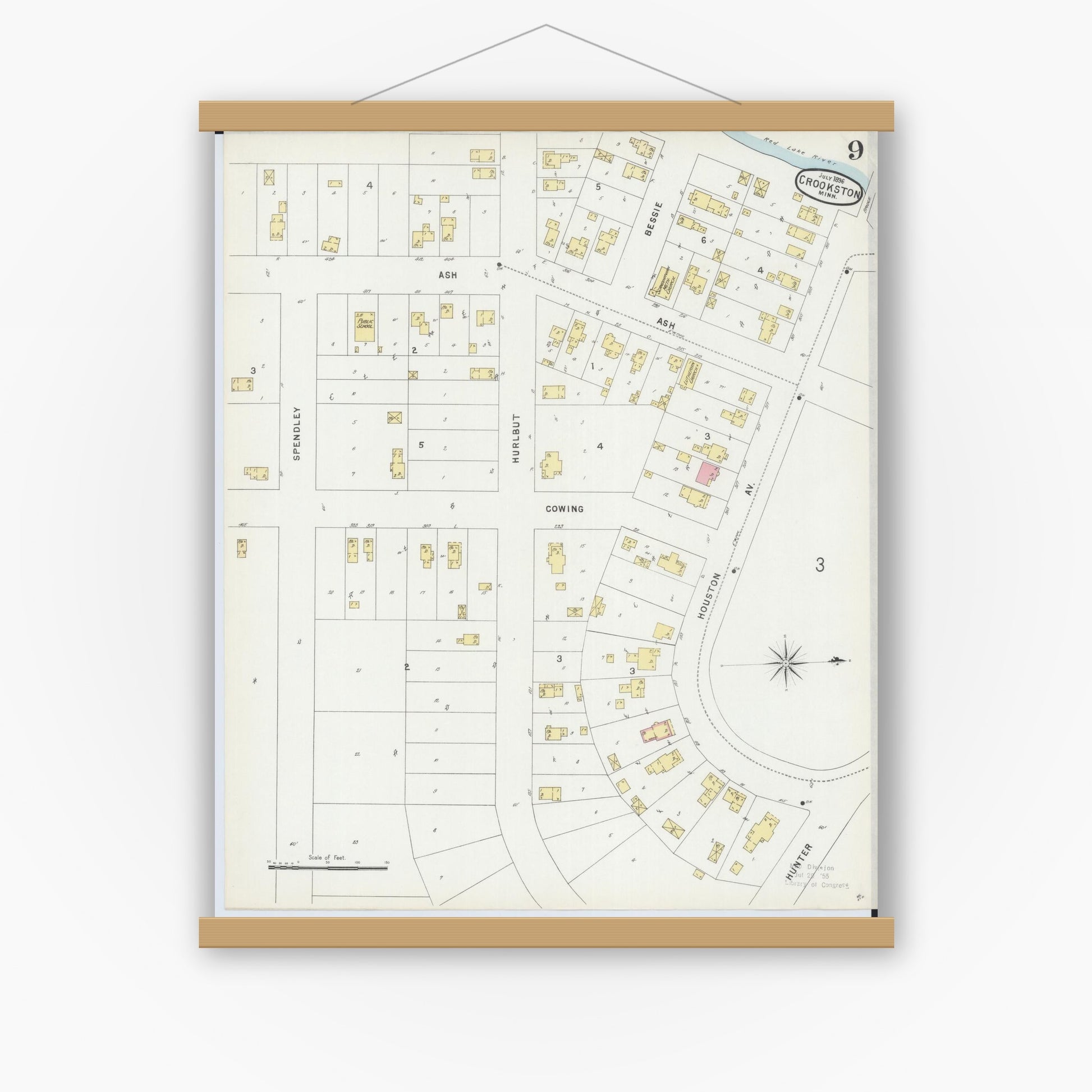 Old map wall art mockup — magnetic wood frame on white wall — Sanborn Fire Insurance Map from Crookston, Polk County, Minnesota (1896), Sheet #0009