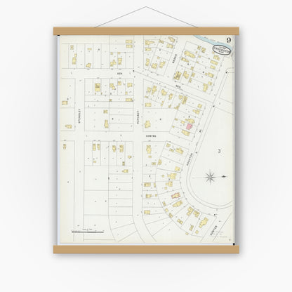 Old map wall art mockup — magnetic wood frame on white wall — Sanborn Fire Insurance Map from Crookston, Polk County, Minnesota (1896), Sheet #0009