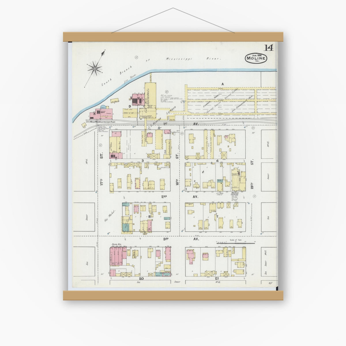 Old map wall art mockup — magnetic wood frame on white wall — Sanborn Fire Insurance Map from Moline, Rock Island County, Illinois (1892), Sheet #0014