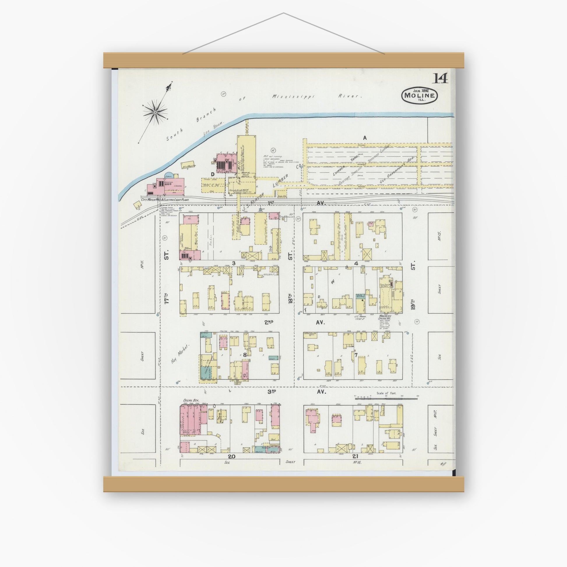 Old map wall art mockup — magnetic wood frame on white wall — Sanborn Fire Insurance Map from Moline, Rock Island County, Illinois (1892), Sheet #0014