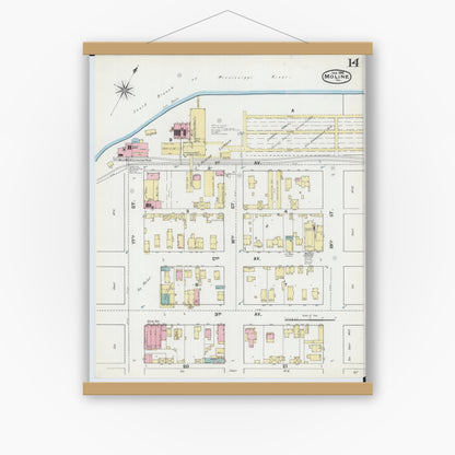 Old map wall art mockup — magnetic wood frame on white wall — Sanborn Fire Insurance Map from Moline, Rock Island County, Illinois (1892), Sheet #0014