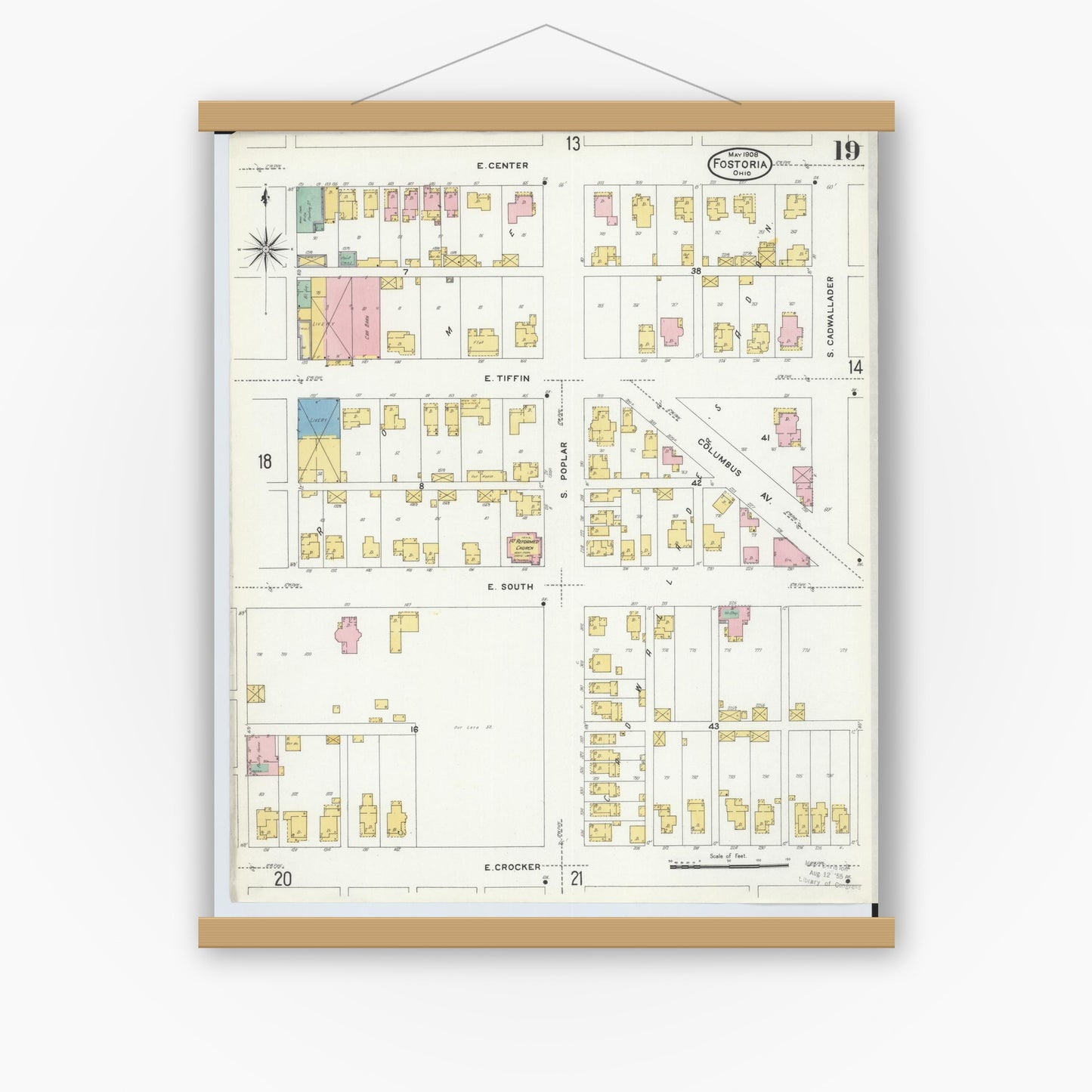 Old map wall art mockup — magnetic wood frame on white wall — Sanborn Fire Insurance Map from Fostoria, Seneca, Hancock, And Wood Counties, Ohio (1908), Sheet #0019