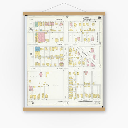 Old map wall art mockup — magnetic wood frame on white wall — Sanborn Fire Insurance Map from Fostoria, Seneca, Hancock, And Wood Counties, Ohio (1908), Sheet #0019