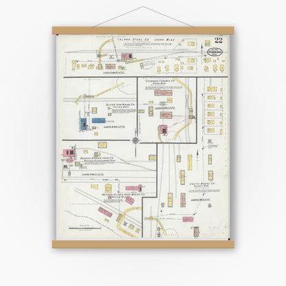 Old map wall art mockup — magnetic wood frame on white wall — Sanborn Fire Insurance Map from Hibbing, Saint Louis County, Minnesota (1921), Sheet #0022