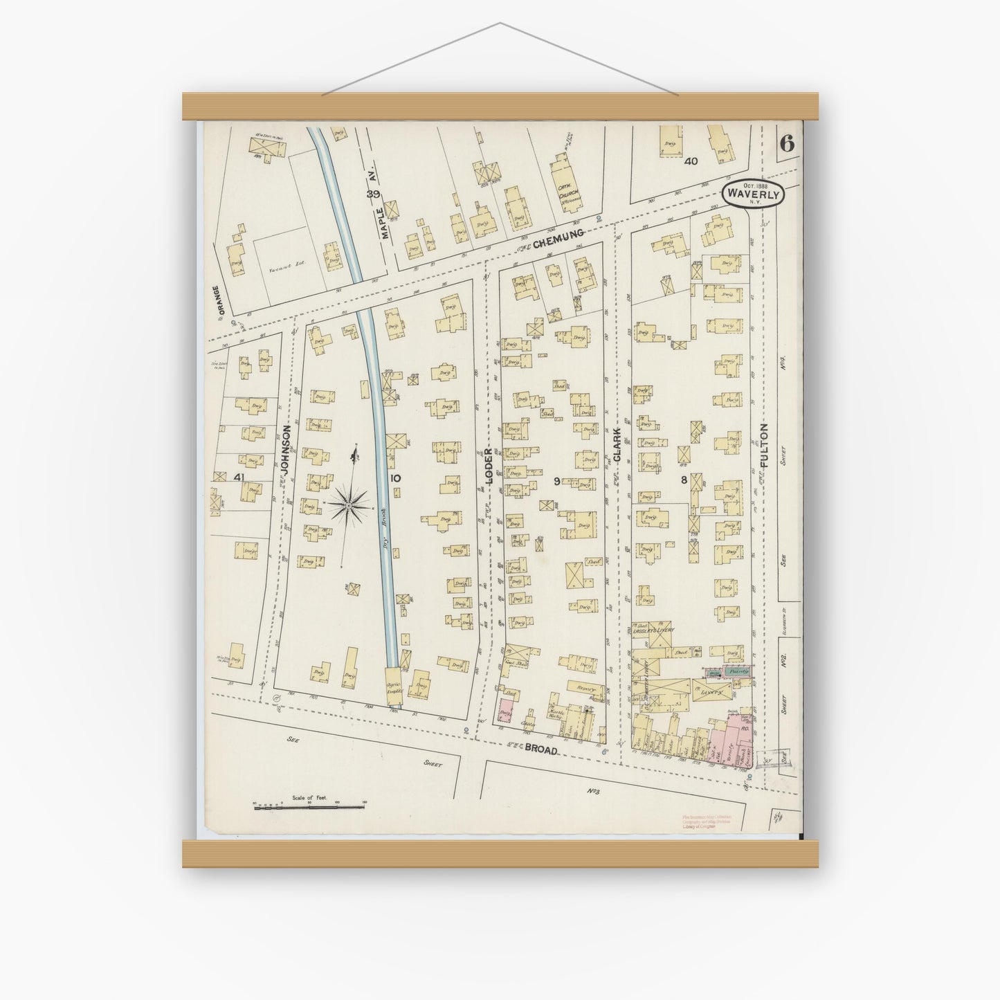 Old map wall art mockup — magnetic wood frame on white wall — Sanborn Fire Insurance Map from Waverly, Tioga County, New York (1888), Sheet #0006