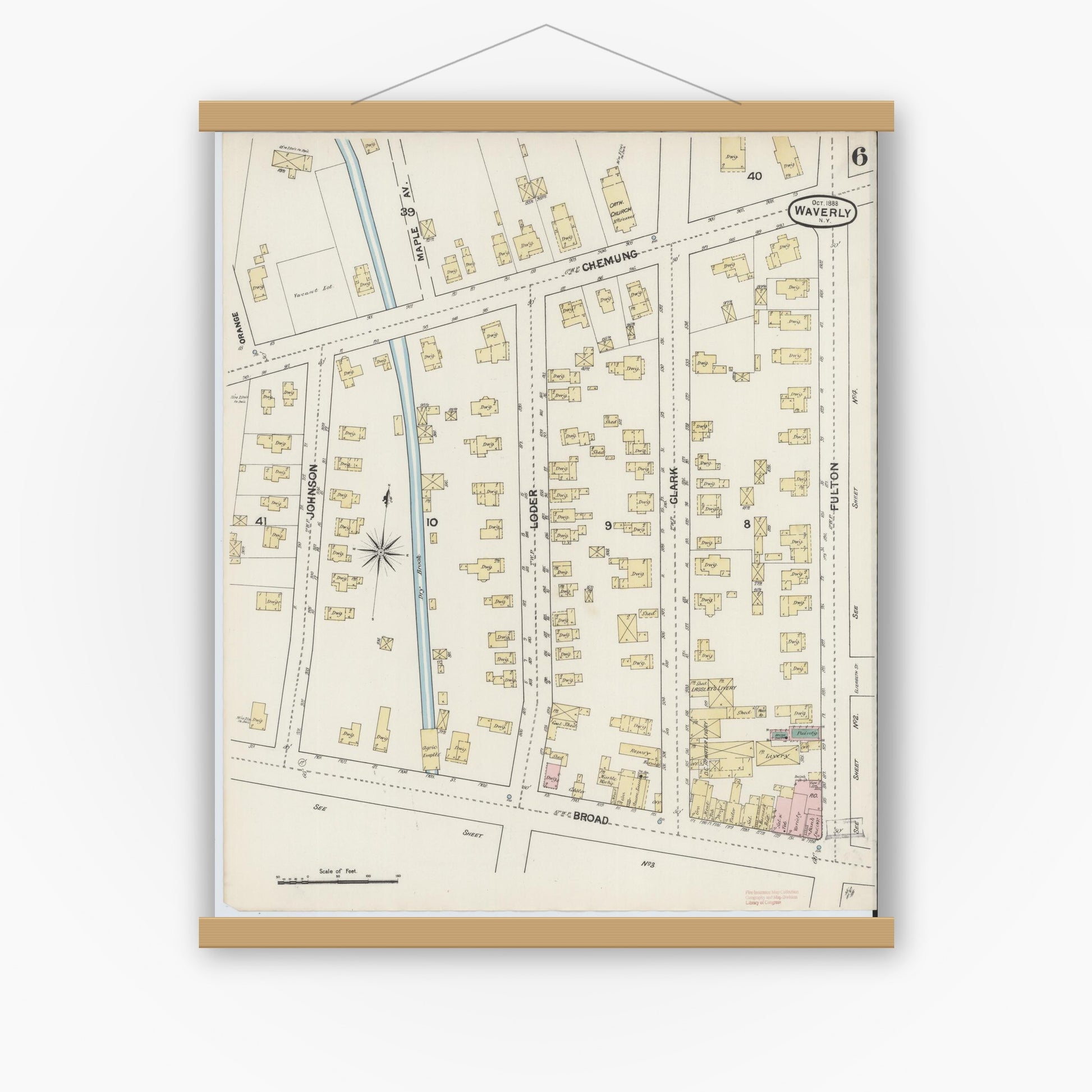 Old map wall art mockup — magnetic wood frame on white wall — Sanborn Fire Insurance Map from Waverly, Tioga County, New York (1888), Sheet #0006