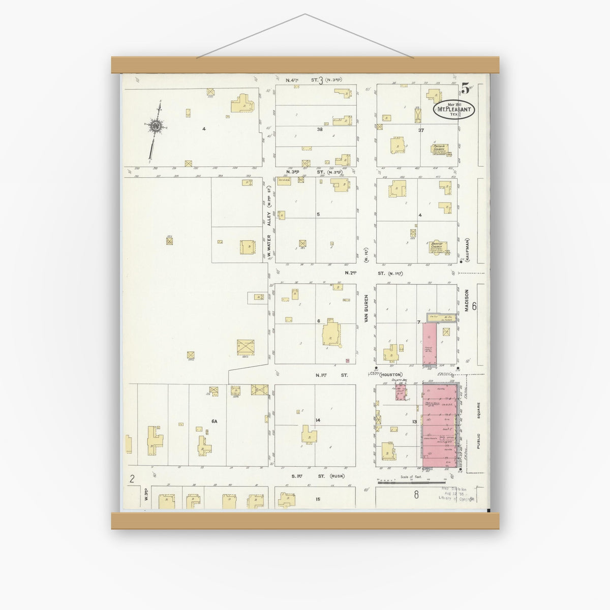 Old map wall art mockup — magnetic wood frame on white wall — Sanborn Fire Insurance Map from Mount Pleasant, Titus County, Texas (1911), Sheet #0005