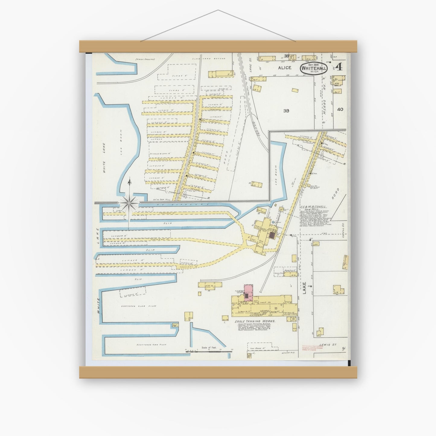 Old map wall art mockup — magnetic wood frame on white wall — Sanborn Fire Insurance Map from Whitehall, Muskegon County, Michigan (1892), Sheet #0004