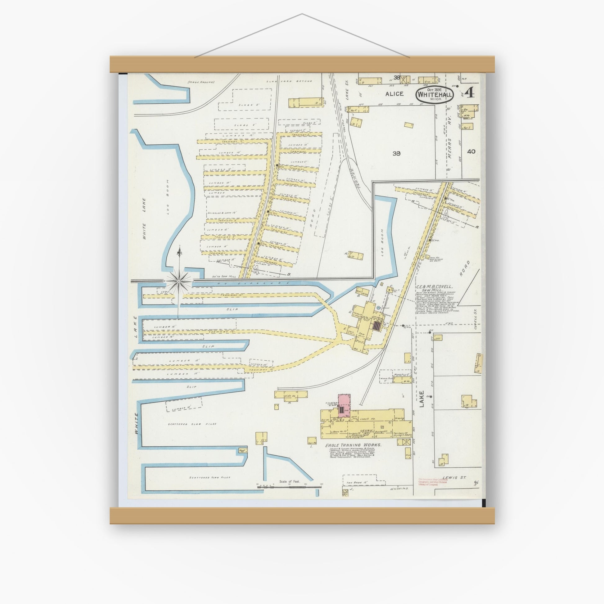 Old map wall art mockup — magnetic wood frame on white wall — Sanborn Fire Insurance Map from Whitehall, Muskegon County, Michigan (1892), Sheet #0004