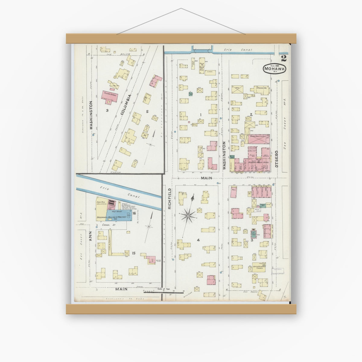 Old map wall art mockup — magnetic wood frame on white wall — Sanborn Fire Insurance Map from Mohawk, Herkimer County, New York (1891), Sheet #0002