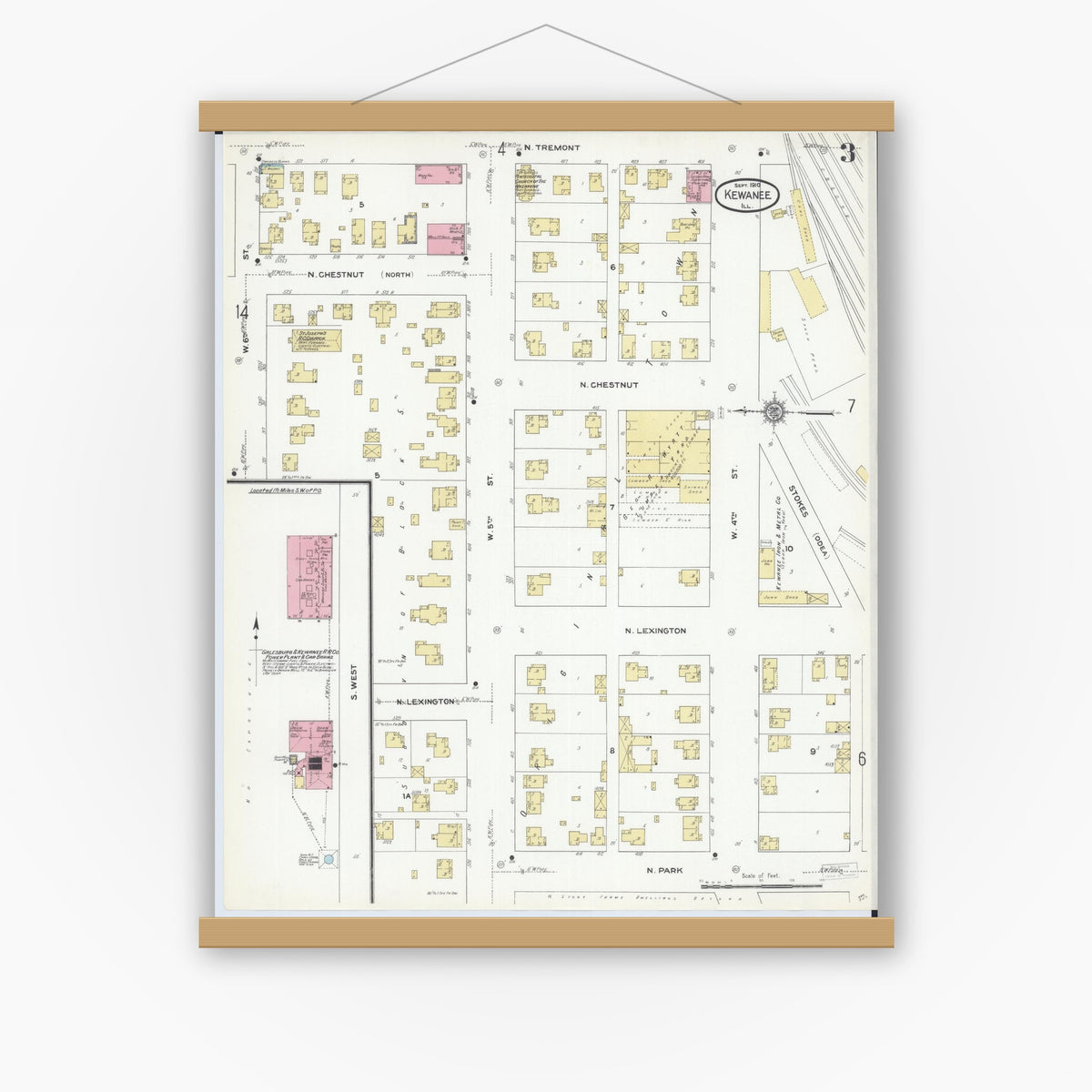 Old map wall art mockup — magnetic wood frame on white wall — Sanborn Fire Insurance Map from Kewanee, Henry County, Illinois (1910), Sheet #0003