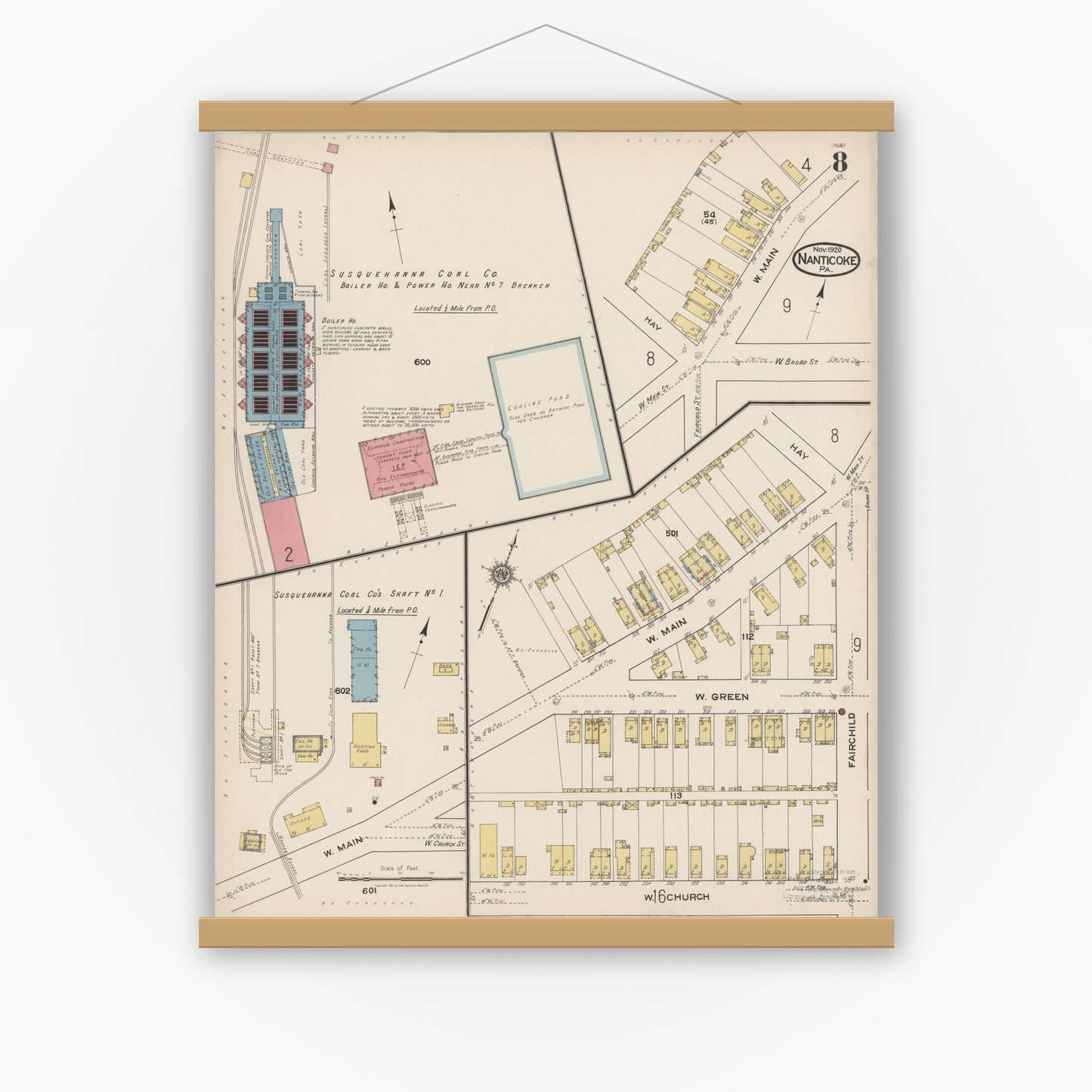 Old map wall art mockup — magnetic wood frame on white wall — Sanborn Fire Insurance Map from Nanticoke, Luzerne County, Pennsylvania (1920), Sheet #0008
