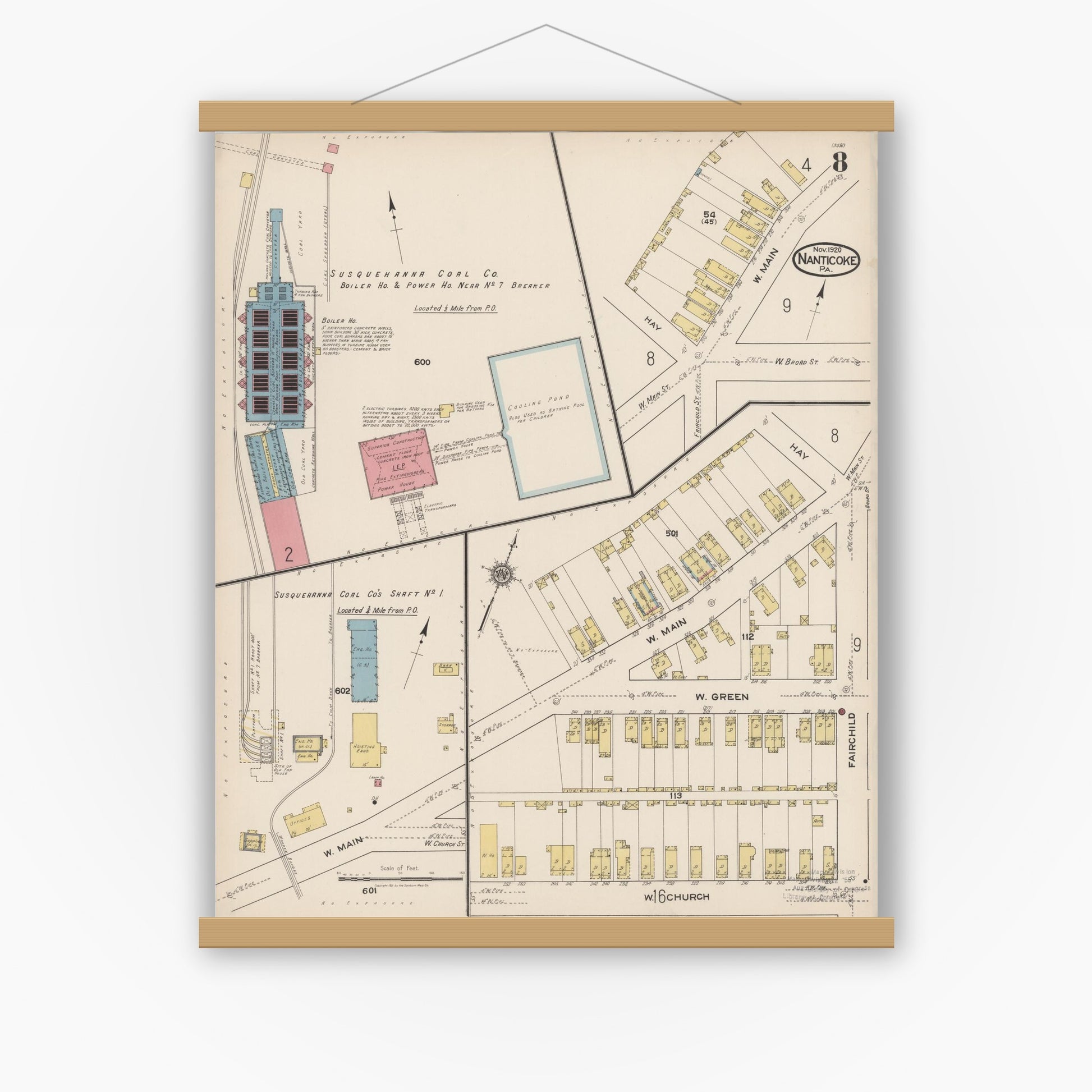 Old map wall art mockup — magnetic wood frame on white wall — Sanborn Fire Insurance Map from Nanticoke, Luzerne County, Pennsylvania (1920), Sheet #0008