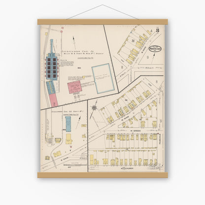 Old map wall art mockup — magnetic wood frame on white wall — Sanborn Fire Insurance Map from Nanticoke, Luzerne County, Pennsylvania (1920), Sheet #0008