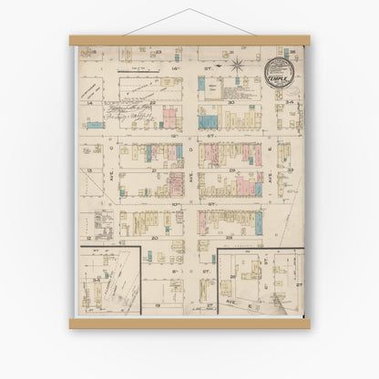 Old map wall art mockup — magnetic wood frame on white wall — Sanborn Fire Insurance Map from Temple, Bell County, Texas (1885), Sheet #0001