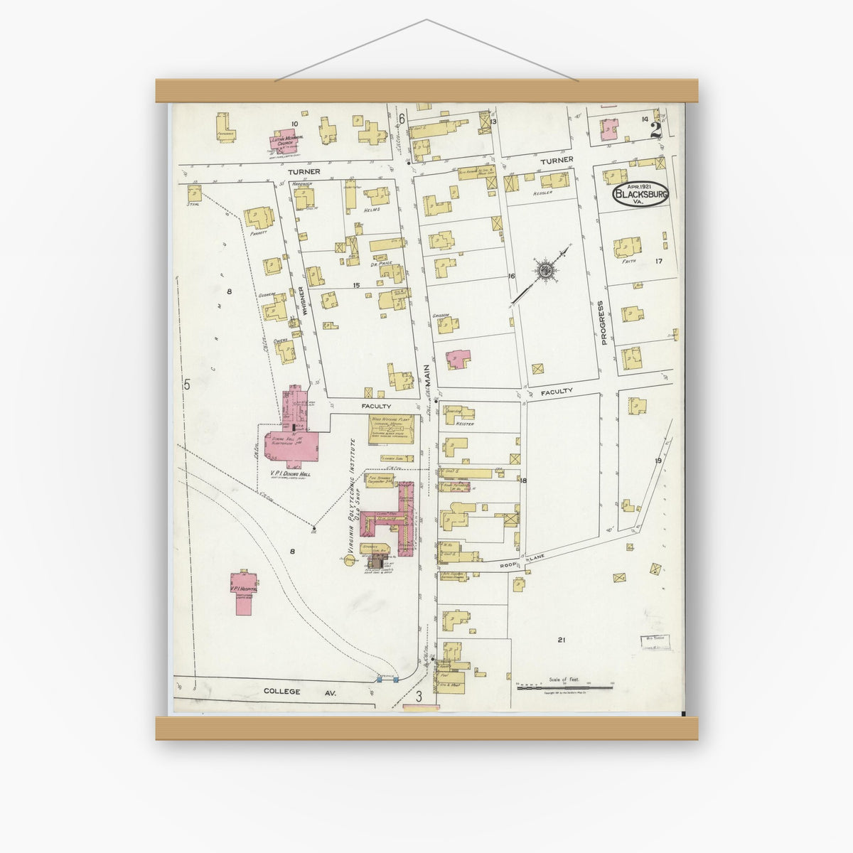 Old map wall art mockup — magnetic wood frame on white wall — Sanborn Fire Insurance Map from Blacksburg, Montgomery County, Virginia (1921), Sheet #0002