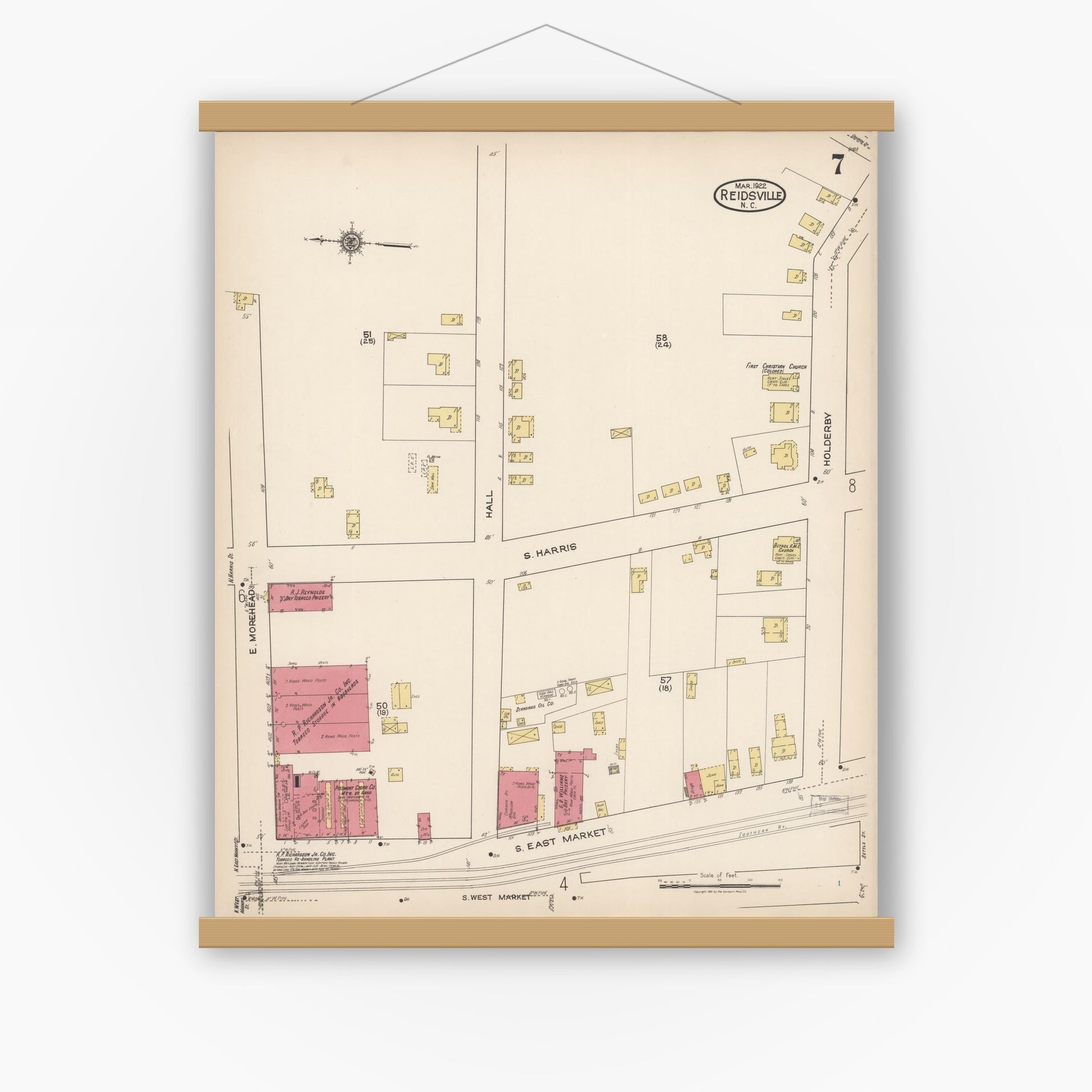 Old map wall art mockup — magnetic wood frame on white wall — Sanborn Fire Insurance Map from Reidsville, Rockingham County, North Carolina (1922), Sheet #0007