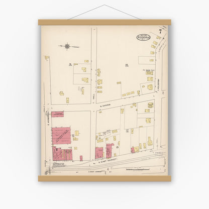Old map wall art mockup — magnetic wood frame on white wall — Sanborn Fire Insurance Map from Reidsville, Rockingham County, North Carolina (1922), Sheet #0007