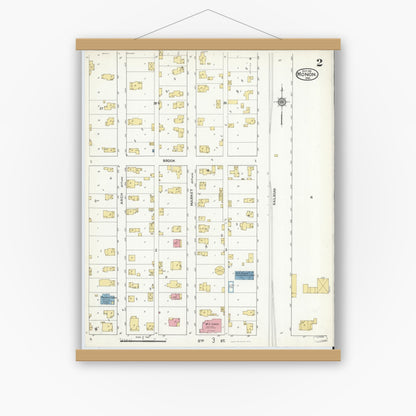 Old map wall art mockup — magnetic wood frame on white wall — Sanborn Fire Insurance Map from Monon, White County, Indiana (1916), Sheet #0002