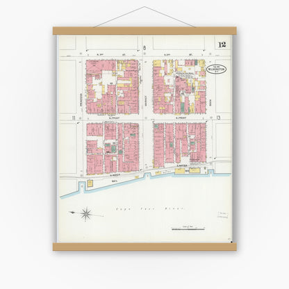 Old map wall art mockup — magnetic wood frame on white wall — Sanborn Fire Insurance Map from Wilmington, New Hanover County, North Carolina (1904), Sheet #0012