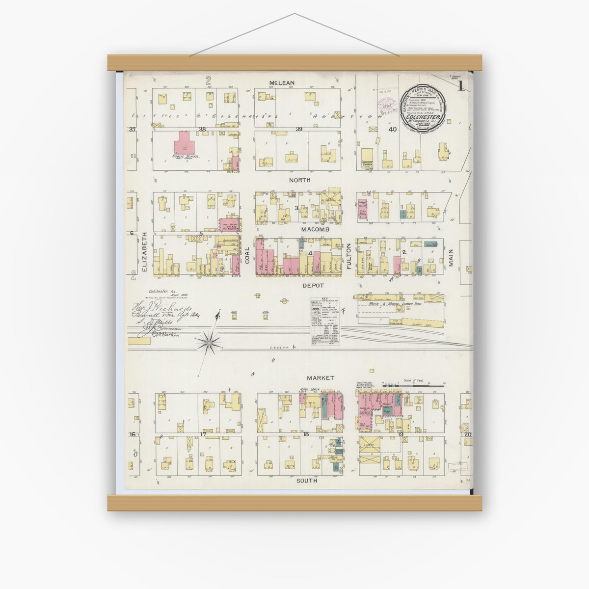 Old map wall art mockup — magnetic wood frame on white wall — Sanborn Fire Insurance Map from Colchester, Mcdonough County, Illinois (1893), Sheet #0001