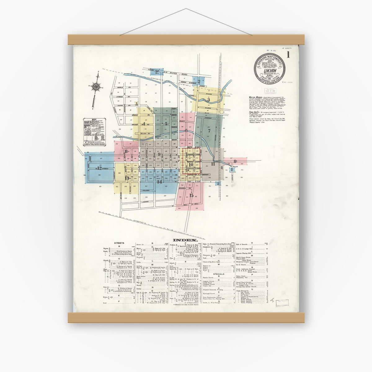 Old map wall art mockup — magnetic wood frame on white wall — Sanborn Fire Insurance Map from Ukiah, Mendocino County, California (1911) - Complete Map Set