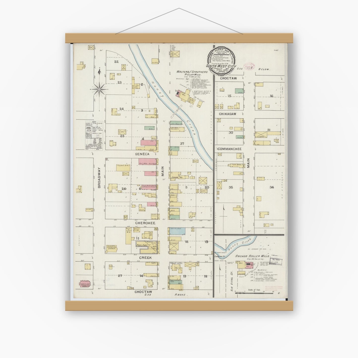 Old map wall art mockup — magnetic wood frame on white wall — Sanborn Fire Insurance Map from Southwest City, Mcdonald County, Missouri (1894), Sheet #0001
