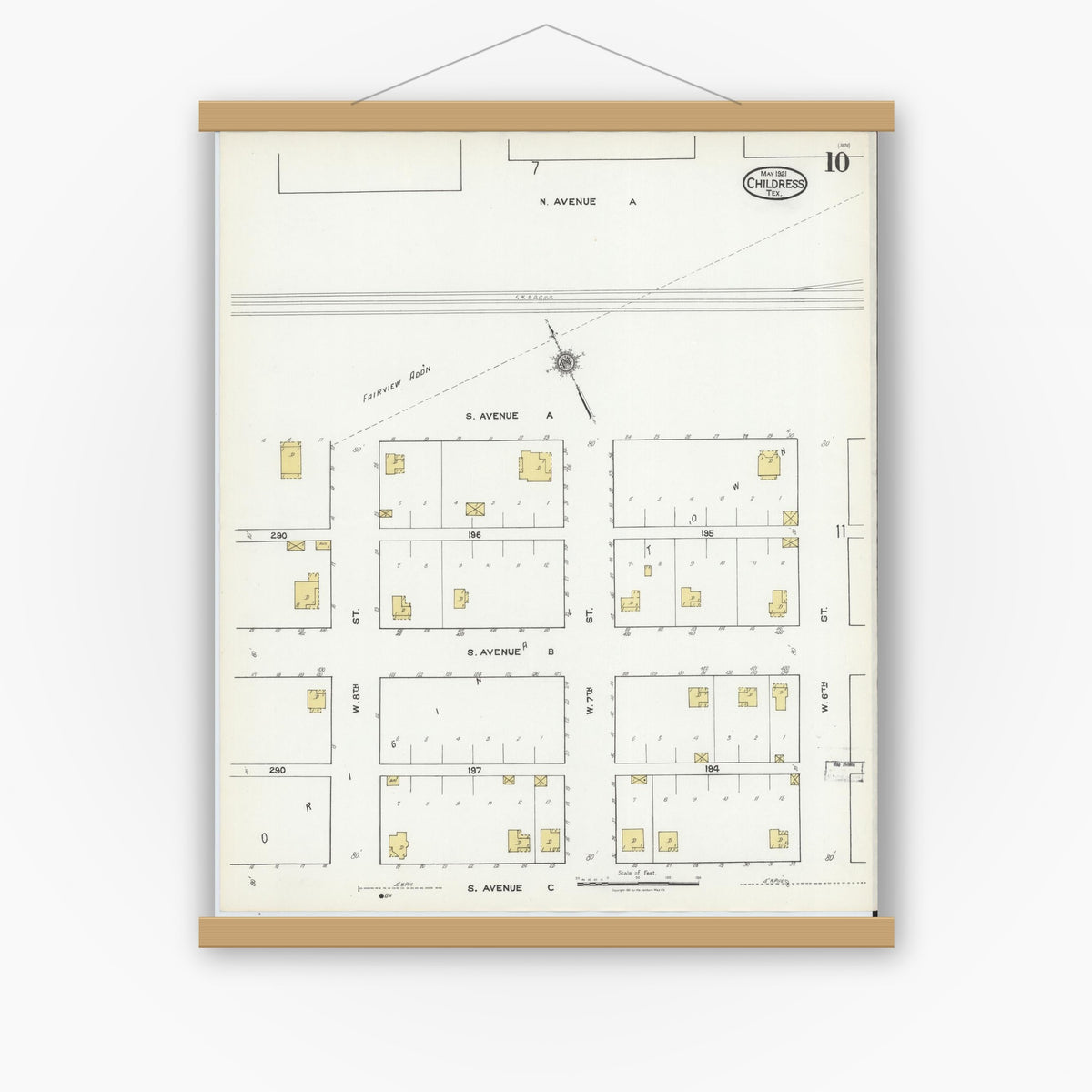 Old map wall art mockup — magnetic wood frame on white wall — Sanborn Fire Insurance Map from Childress, Childress County, Texas (1921), Sheet #0010