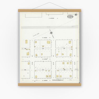 Old map wall art mockup — magnetic wood frame on white wall — Sanborn Fire Insurance Map from Childress, Childress County, Texas (1921), Sheet #0010