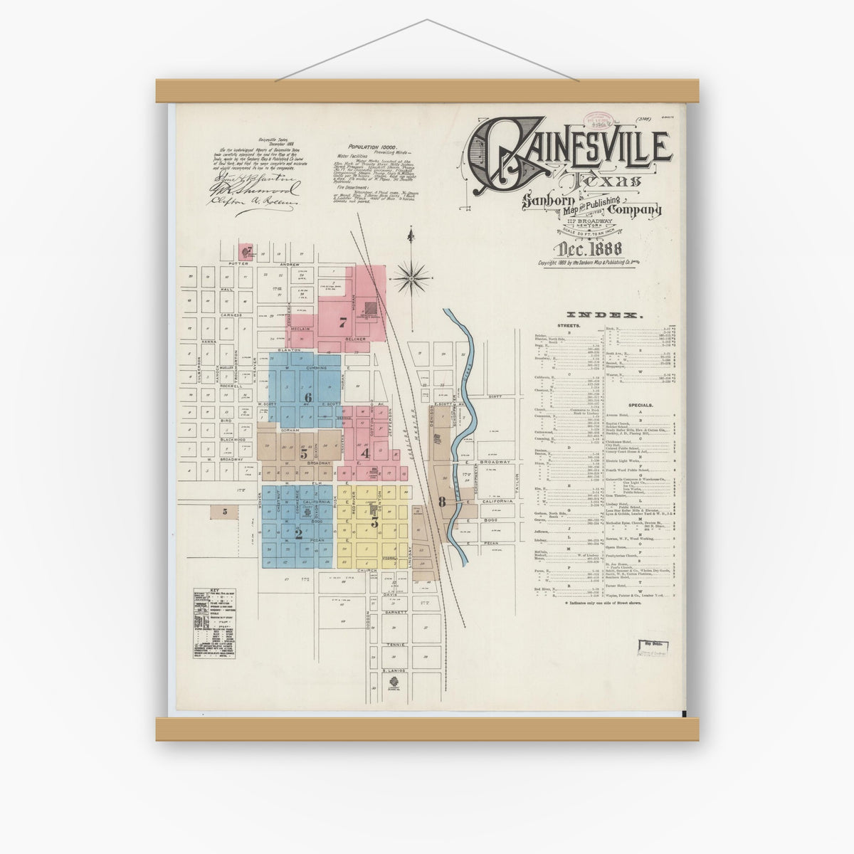 Old map wall art mockup — magnetic wood frame on white wall — Sanborn Fire Insurance Map from Gainesville, Cooke County, Texas (1888), Sheet #0001