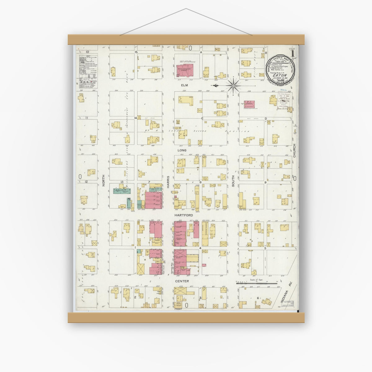 Old map wall art mockup — magnetic wood frame on white wall — Sanborn Fire Insurance Map from Eaton, Delaware County, Indiana (1900), Sheet #0001