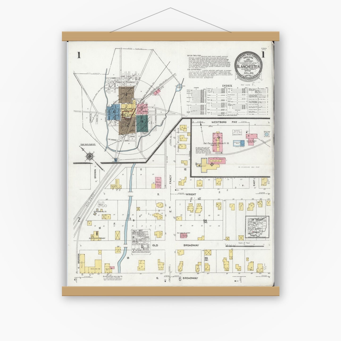 Old map wall art mockup — magnetic wood frame on white wall — Sanborn Fire Insurance Map from Blanchester, Clinton County, Ohio (1925) - Complete Map Set