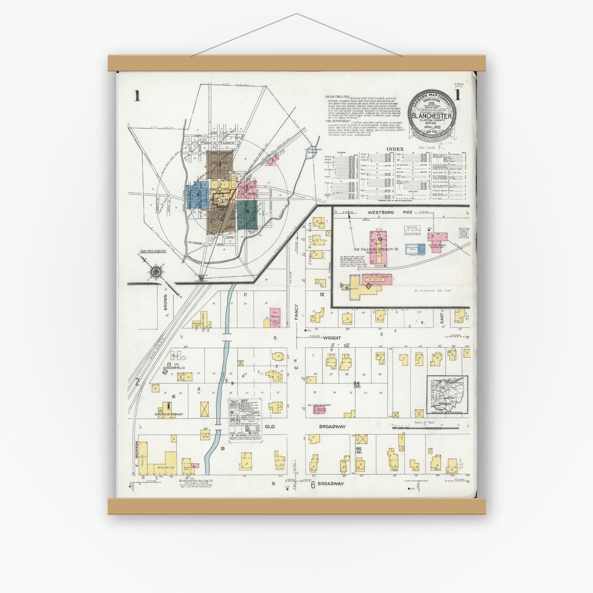 Old map wall art mockup — magnetic wood frame on white wall — Sanborn Fire Insurance Map from Blanchester, Clinton County, Ohio (1925) - Complete Map Set
