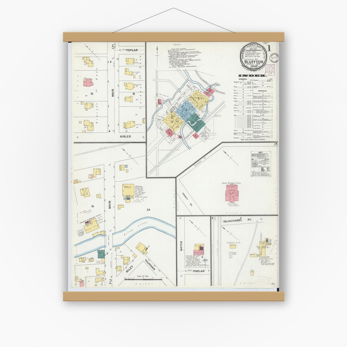 Old map wall art mockup — magnetic wood frame on white wall — Sanborn Fire Insurance Map from Bluffton, Allen County, Ohio (1901) - Complete Map Set