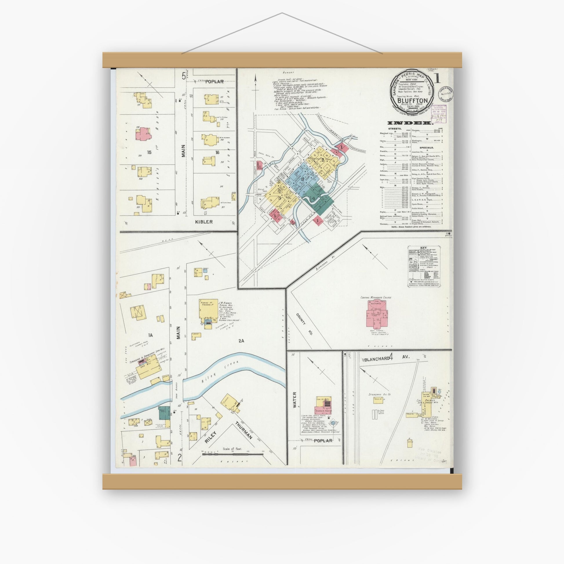 Old map wall art mockup — magnetic wood frame on white wall — Sanborn Fire Insurance Map from Bluffton, Allen County, Ohio (1901) - Complete Map Set