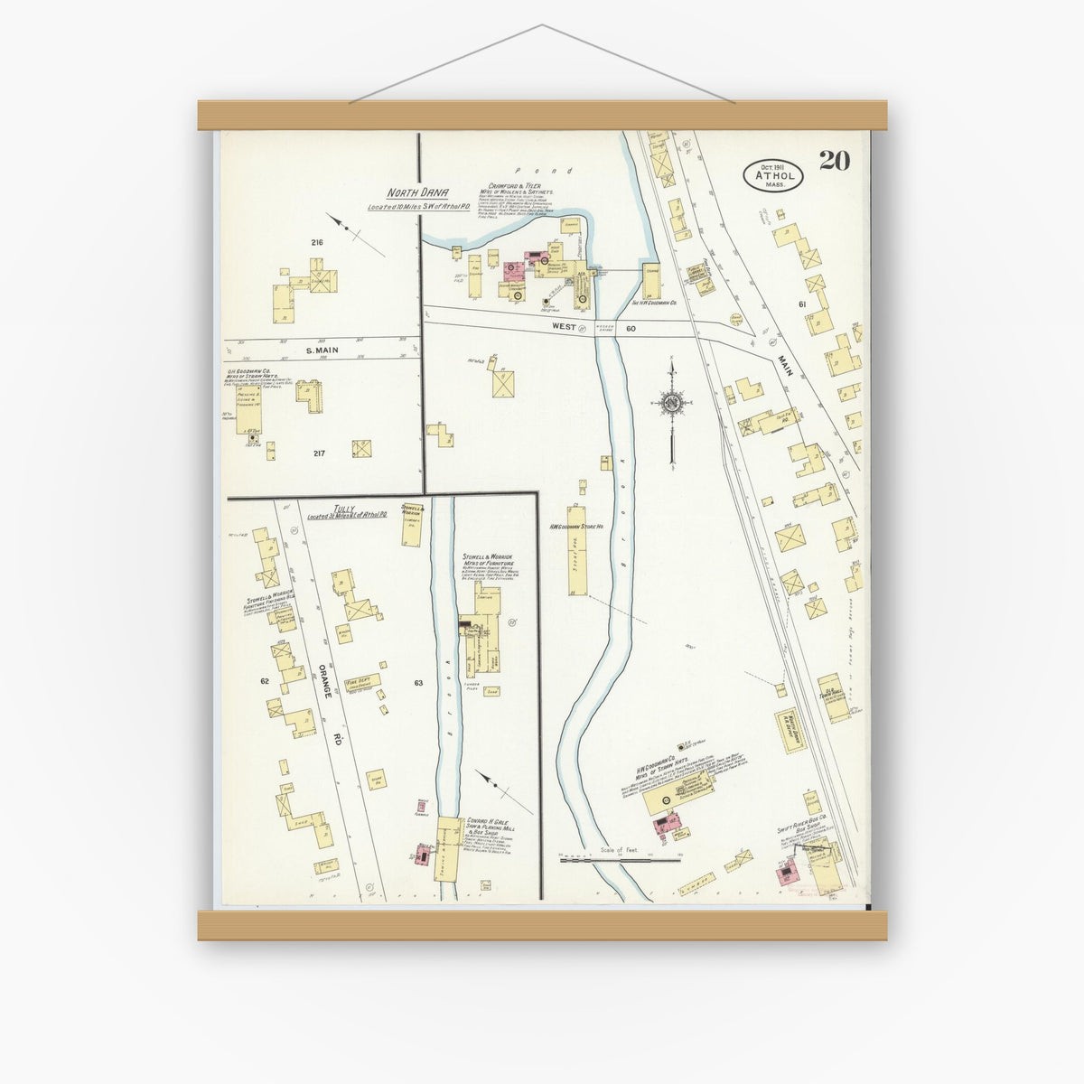 Old map wall art mockup — magnetic wood frame on white wall — Sanborn Fire Insurance Map from Athol, Worcester County, Massachusetts (1911), Sheet #0020