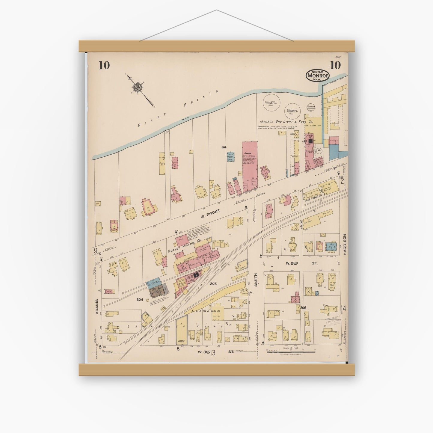 Old map wall art mockup — magnetic wood frame on white wall — Sanborn Fire Insurance Map from Monroe, Monroe County, Michigan (1922), Sheet #0010