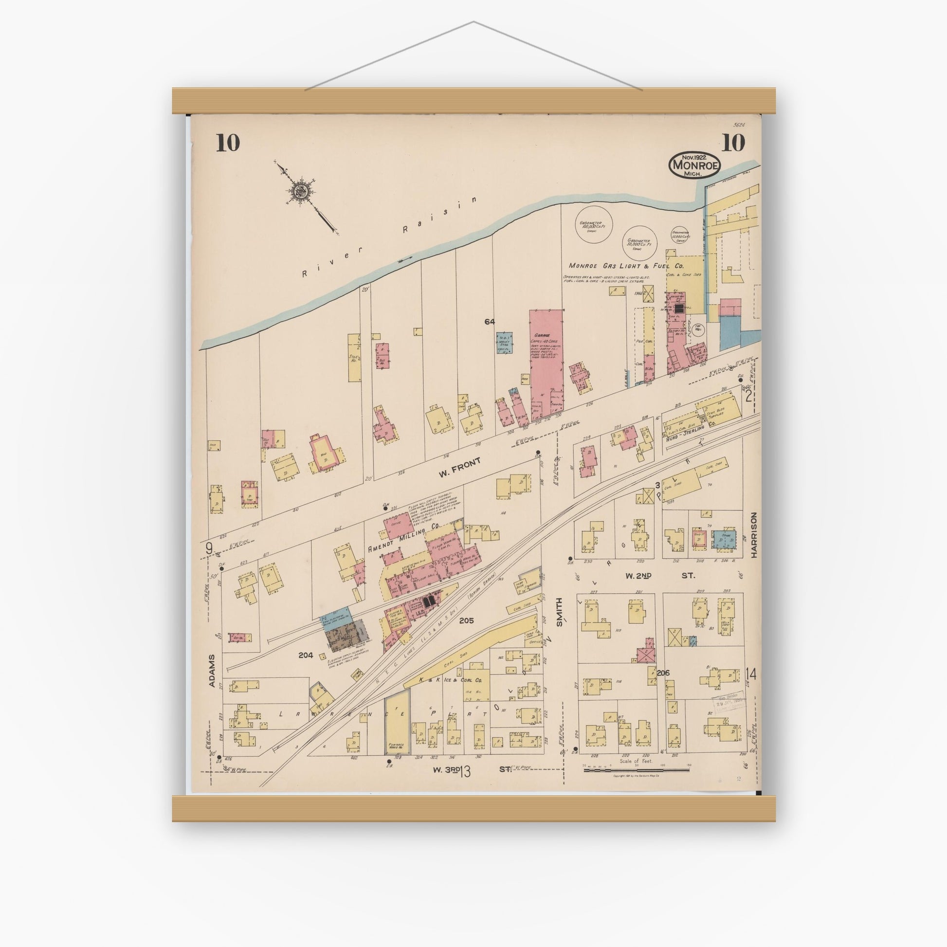 Old map wall art mockup — magnetic wood frame on white wall — Sanborn Fire Insurance Map from Monroe, Monroe County, Michigan (1922), Sheet #0010