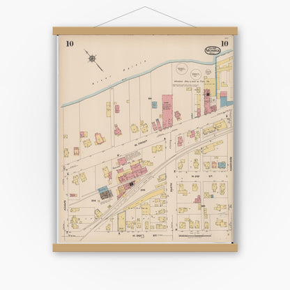 Old map wall art mockup — magnetic wood frame on white wall — Sanborn Fire Insurance Map from Monroe, Monroe County, Michigan (1922), Sheet #0010