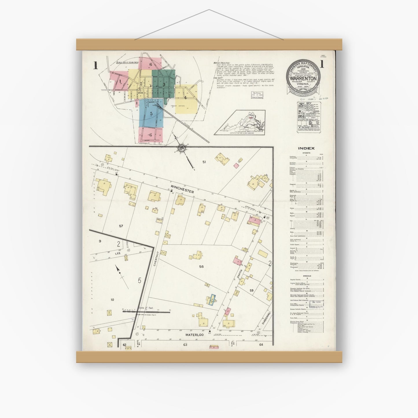 Old map wall art mockup — magnetic wood frame on white wall — Sanborn Fire Insurance Map from Warrenton, Fauquier County, Virginia (1924), Sheet #0001