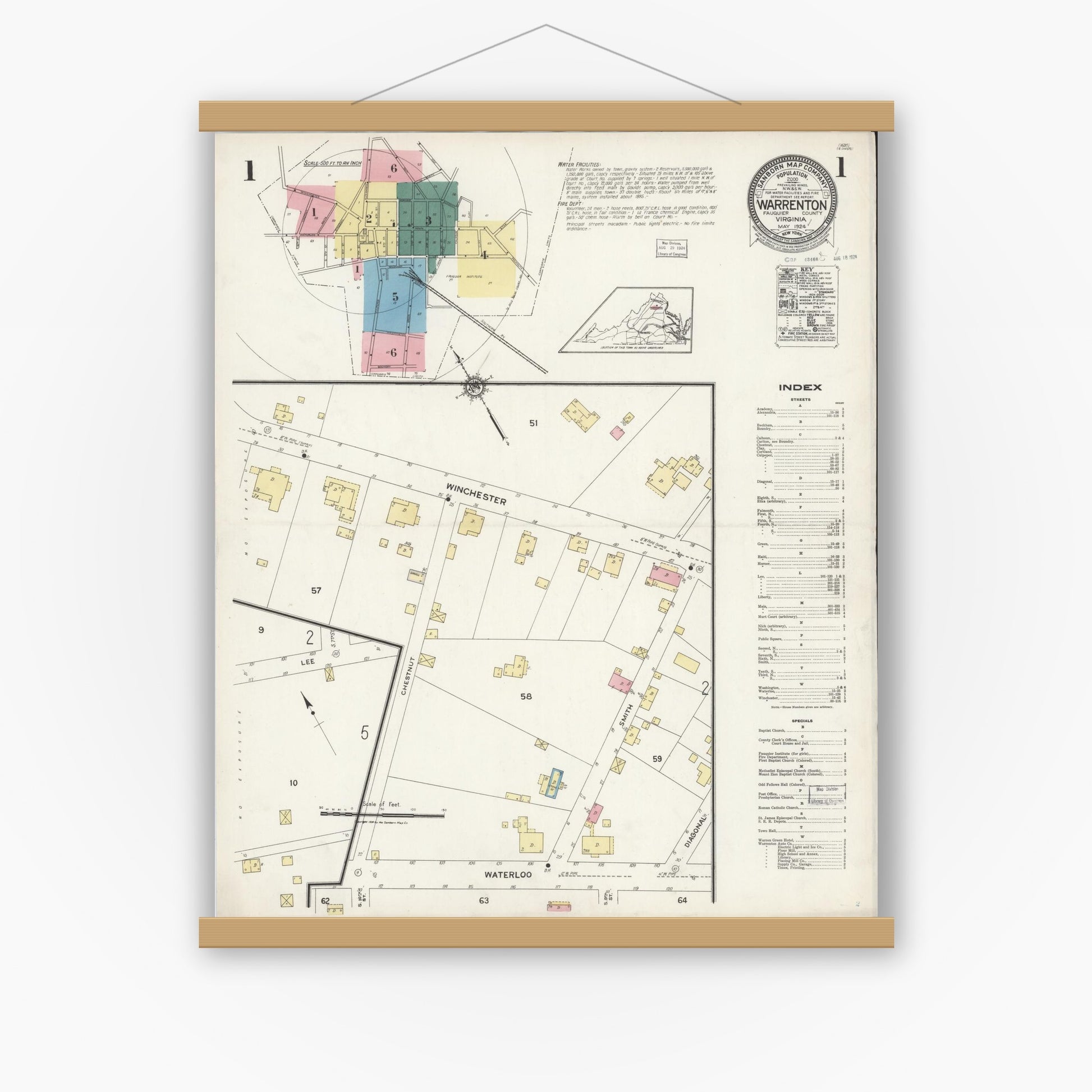 Old map wall art mockup — magnetic wood frame on white wall — Sanborn Fire Insurance Map from Warrenton, Fauquier County, Virginia (1924), Sheet #0001
