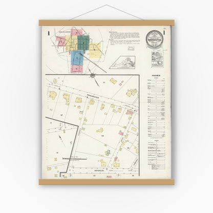 Old map wall art mockup — magnetic wood frame on white wall — Sanborn Fire Insurance Map from Warrenton, Fauquier County, Virginia (1924), Sheet #0001