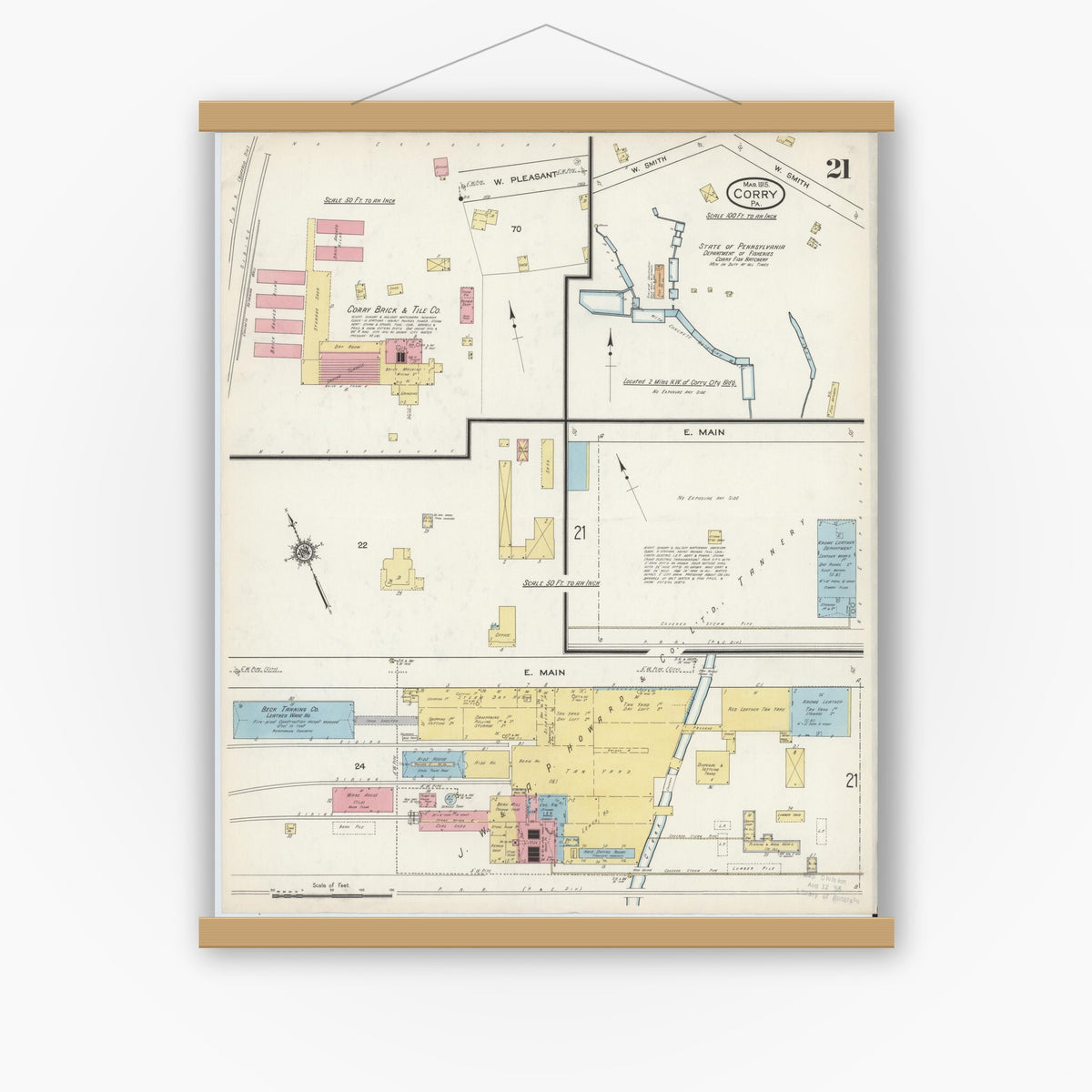 Old map wall art mockup — magnetic wood frame on white wall — Sanborn Fire Insurance Map from Corry, Erie County, Pennsylvania (1915), Sheet #0021
