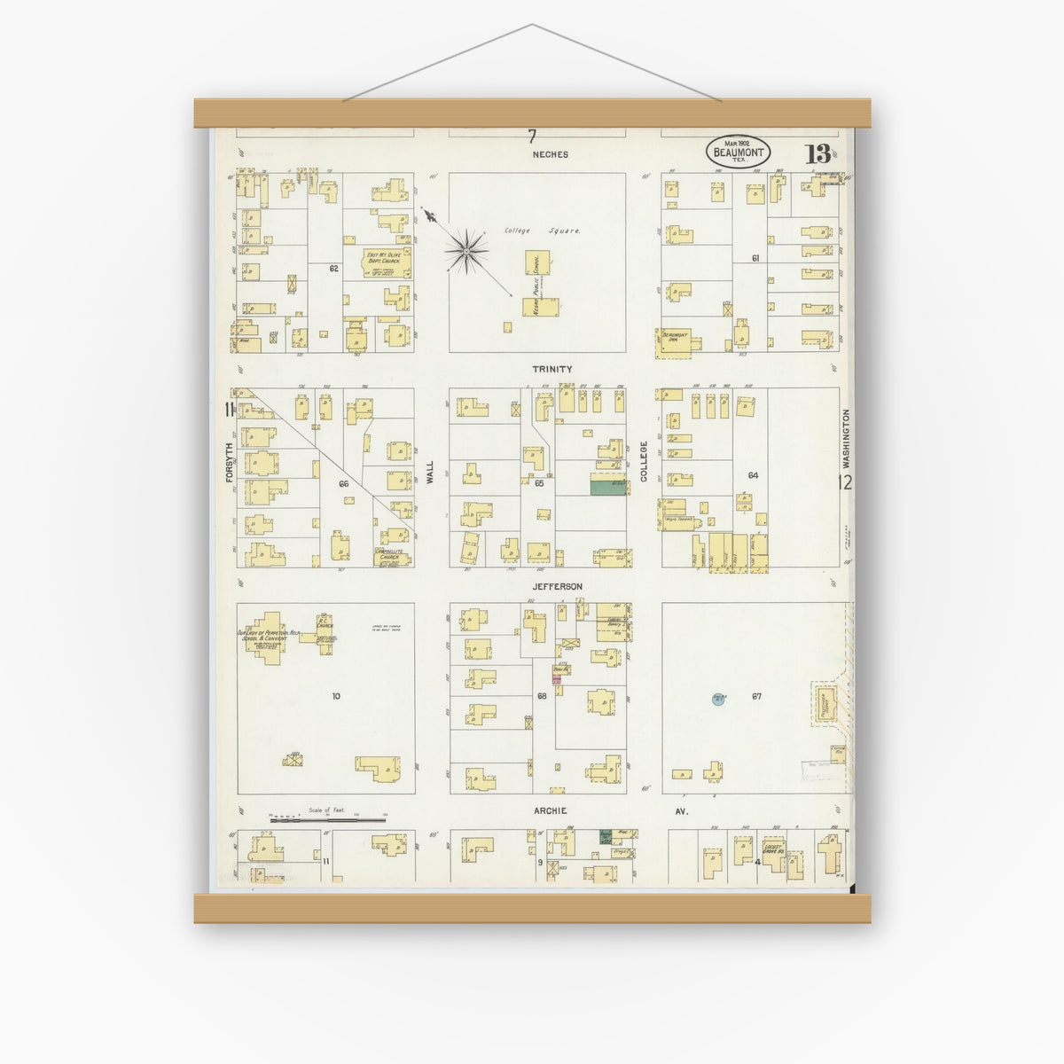 Old map wall art mockup — magnetic wood frame on white wall — Sanborn Fire Insurance Map from Beaumont, Jefferson County, Texas (1902), Sheet #0013