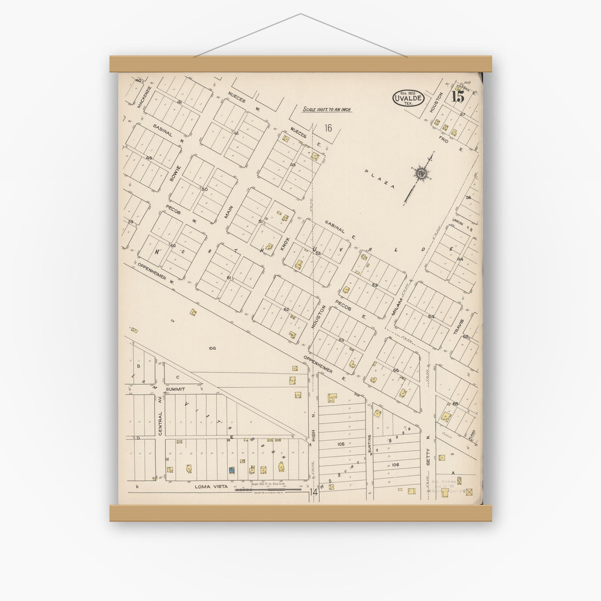 Old map wall art mockup — magnetic wood frame on white wall — Sanborn Fire Insurance Map from Uvalde, Uvalde County, Texas (1922), Sheet #0015