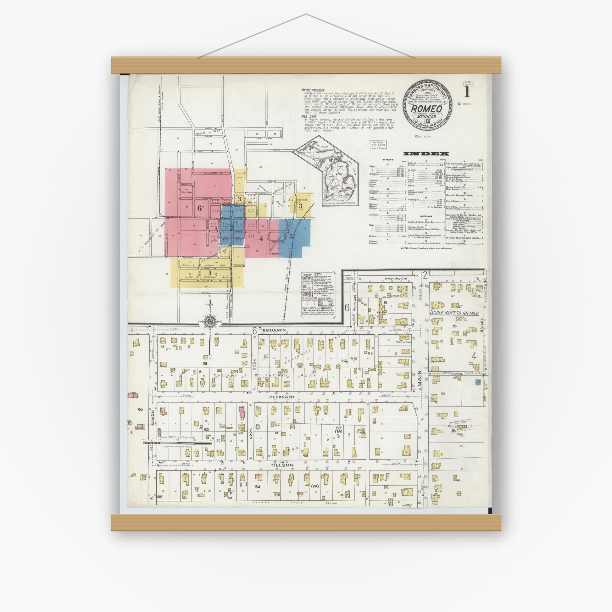 Old map wall art mockup — magnetic wood frame on white wall — Sanborn Fire Insurance Map from Romeo, Macomb County, Michigan (1921), Sheet #0001